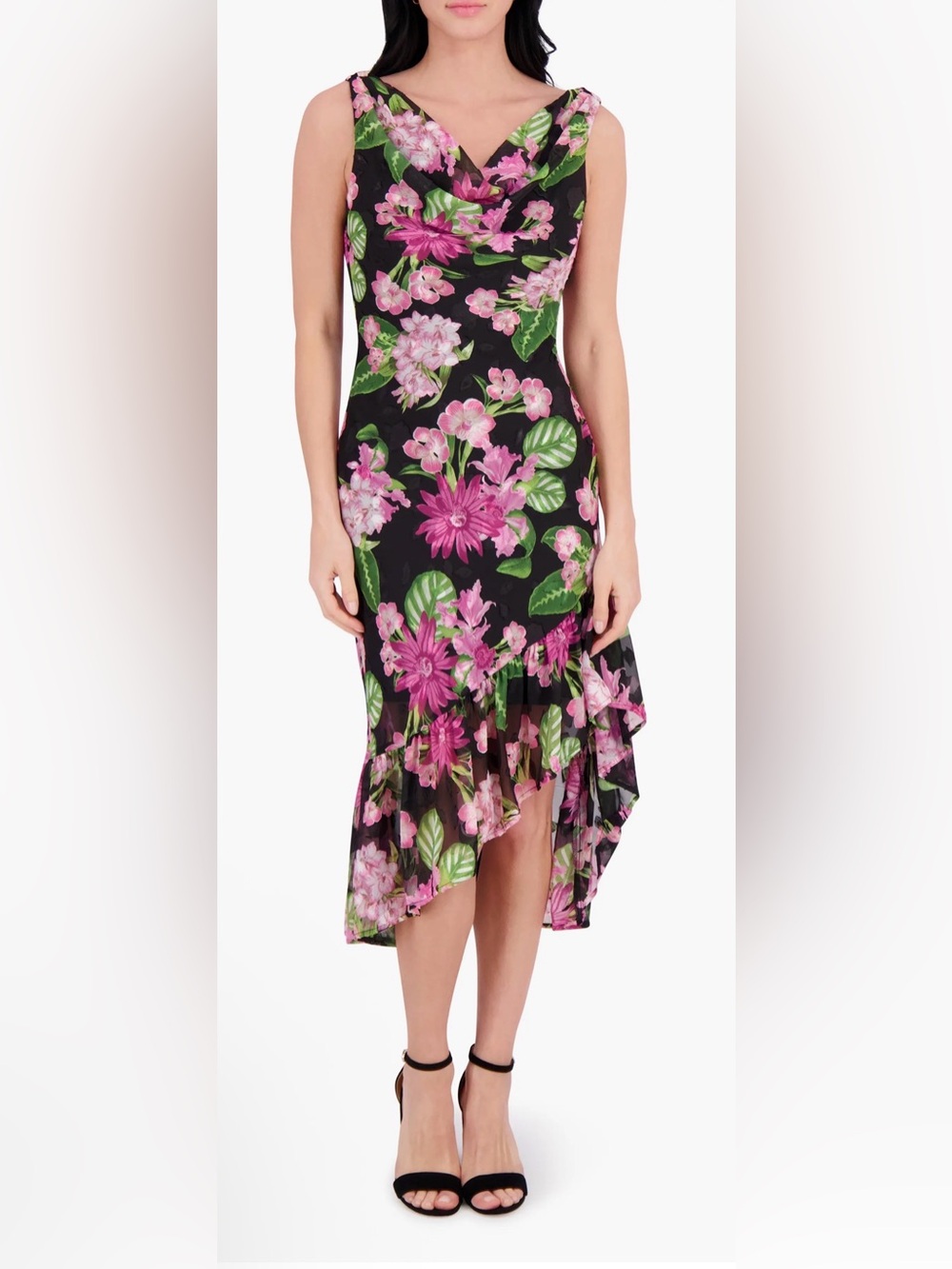 NWT Kenzie Black Floral Chiffon Hi-Low Midi Dress Size 10 Cowl Neck